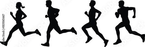 Running Silhouettes, Athlete Motion, Fitness Cardio, Sprint Stride, Shadow Jogging, Sport Endurance, Healthy Lifestyle, Dynamic Exercise Form, Active Movement Sequence, Race Progression