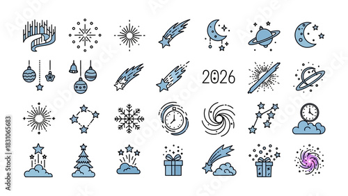 Celestial Icons Array: An assortment of various celestial and holiday icons, including stars, planets, and decorative elements. Perfect for celestial or holiday-themed designs. 