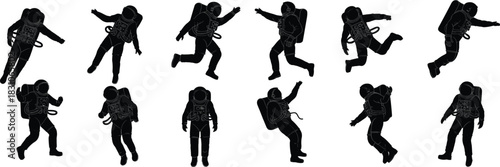 Skydiving silhouette vector set, parachute jump poses, extreme air sport, freefall motion, diver outfit, flying action collection, adventure graphic pack