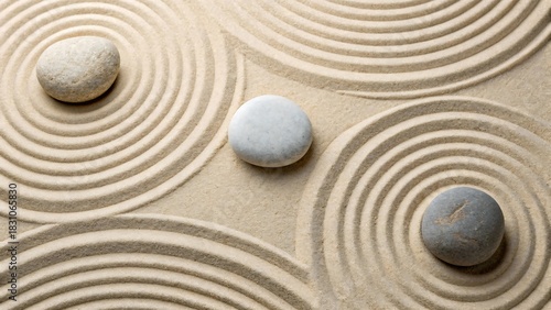 Zen sand garden with smooth stones and circular raked patterns
