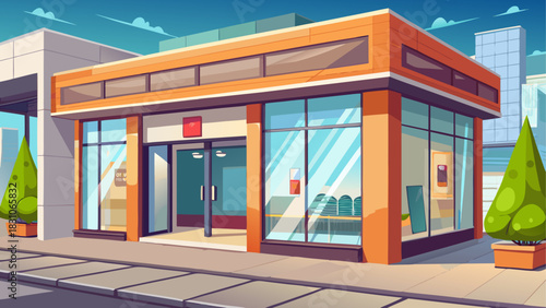 Modern storefront exterior with large glass windows revealing interior space. Clean architectural design, clear entrance door, sidewalk perspective, and urban street setting