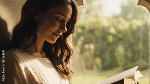 Serene woman with wavy hair, reading a book in golden natural light