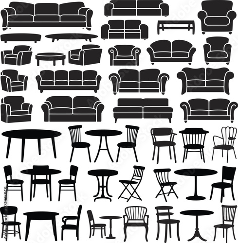 Sofa silhouettes, chair silhouettes, coffee table vector, armchair shapes, couch icon set, furniture silhouette pack, home interior vector art isolated white background.