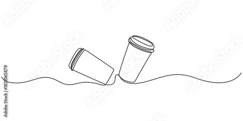 Coffee to go continuous line vector illustration, Paper cup of hot coffee in one Continuous line drawing. Concept of drink to go in line art style. Editable stroke. Vector illustration, Minimal design