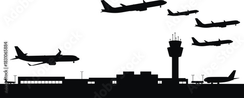 Airport silhouette illustration, black vector, airplanes flying, control tower, terminal buildings, runway operations, air traffic, aviation theme, travel concept
