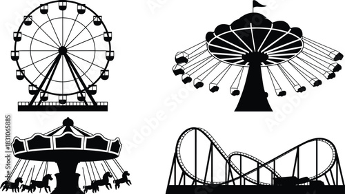 Ferris, swing, ride, roller, coaster, carousel, amusement, park, icon, vector, silhouette