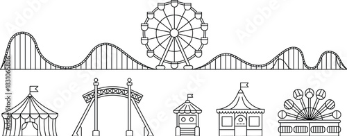Amusement park attractions, roller coaster silhouette, Ferris wheel vector, carnival booth icons, circus tent graphic, entrance gate illustration, ride design
