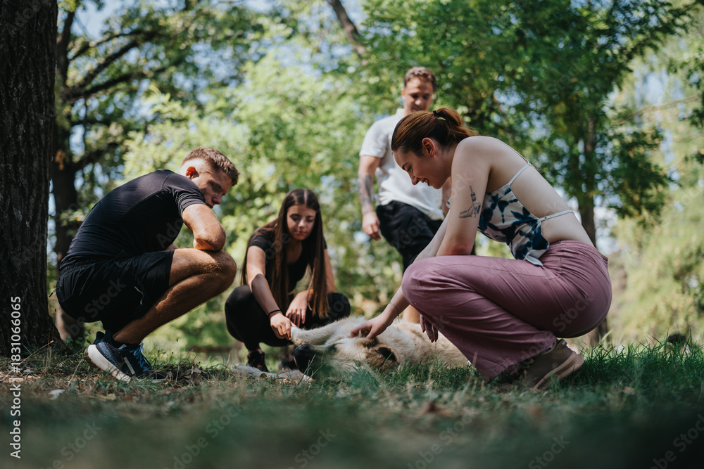 Fototapeta premium A group of young adults share a light moment in a sunny park, kneeling around a small dog as they pet and interact. The scene conveys friendship, relaxation, and outdoor activity in a natural setting.