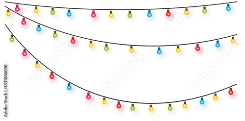 Colorful string lights on black wires with white background Keywords: string lights, colorful