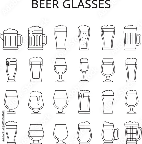Complete Set of Beer Glasses and Mugs Line Icons, Showcasing Different Types of Barware for Craft and Lager Beverages.