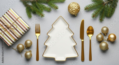 クリスマスと新年のお祝いにぴったりの木の形をした皿、金のカトラリー、松の小枝、縞模様のギフトボックス、金の装飾品