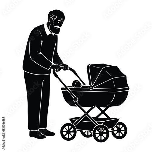 Elderly man in silhouette pushing a vintage baby stroller with a child inside isolated on white background