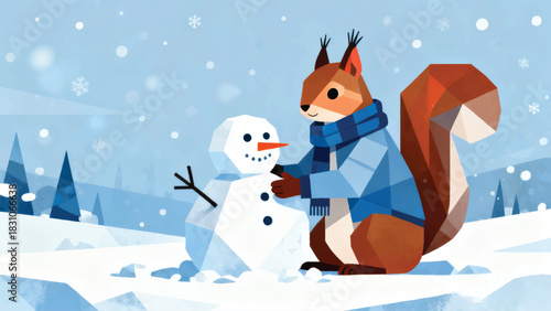 Illustration Of A Squirrel Wearing A Warm Jacket And Scarf Making A Snowman In A Winter Atmosphere Vector Design Template