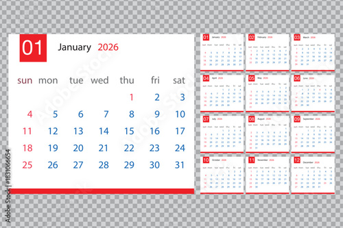 a full year calendar display for january 2026 showcasing weekly layouts and a red accent color scheme