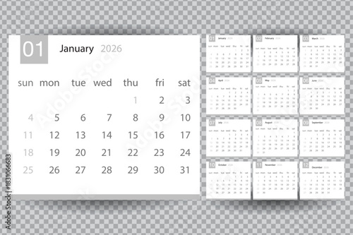 a detailed view of a yearly calendar displaying the months of january 2026 and subsequent dates