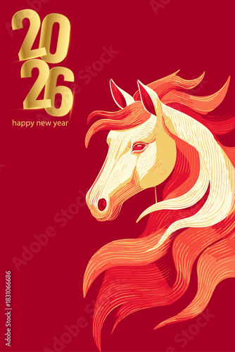 Wallpaper Mural 2026 Happy New Year Illustration with Majestic Red and Gold Horse – Elegant Zodiac Style New Year Artwork Torontodigital.ca