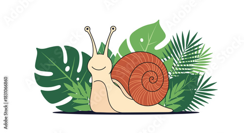 Cute cartoon snail with a happy smiling face and a brown spiral shell is shown in front of lush green tropical monstera leaves.