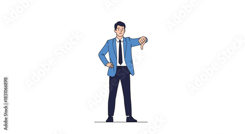 Young businessman in a blue suit looking disappointed as he stands with one hand on his hip and makes a thumbs-down gesture.