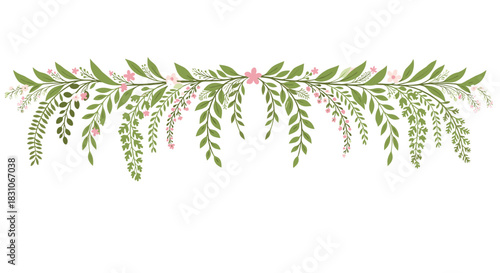 Decorative floral divider or border made of lush green leaves ferns and small pink flowers for wedding invitations or stationery.