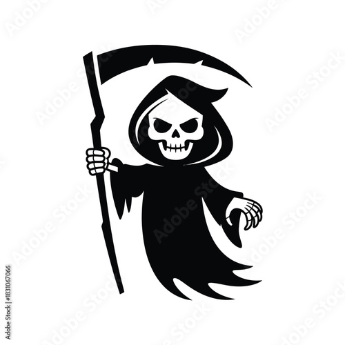 A stylized cartoon grim reaper with a scythe stands ready.