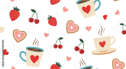 Sweet seamless Valentine's Day pattern with hot coffee mugs heart cookies strawberries and cherries on a white background design.