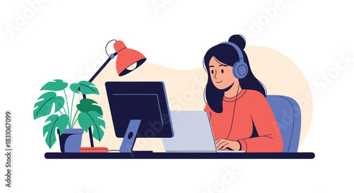 Young woman with headphones working or studying from her cozy home office at a desk with a computer laptop lamp and houseplant.