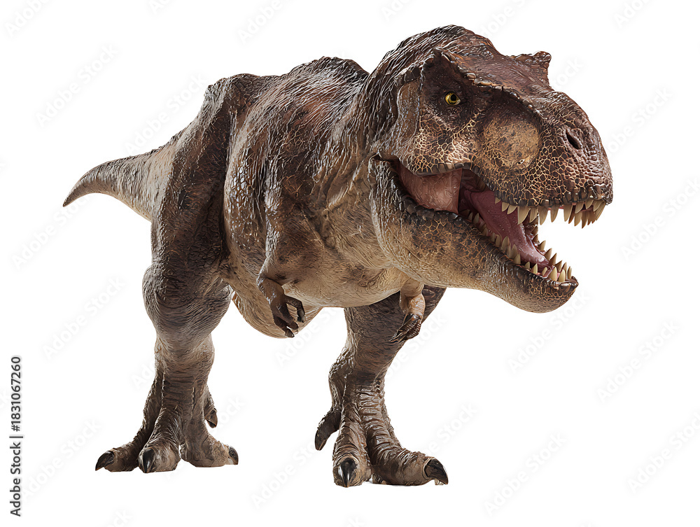 Obraz premium PNG file A fierce Tyrannosaurus Rex standing in a powerful stance. The dinosaur exhibits a realistic and imposing presence, with sharp teeth and detailed texture on transparent background PNG