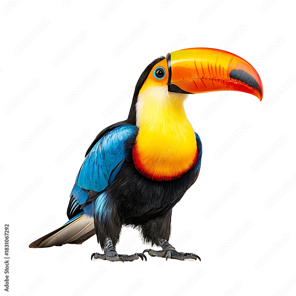 Fototapeta premium PNG file A colorful toucan with a large beak. The bird is striking with a vibrant palette and a unique appearance on transparent background PNG