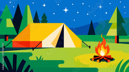 This vibrant illustration depicts a cozy camping scene in a lush forest: a tent, a picnic table with chairs, and a campfire set on a green meadow under a bright blue sky.