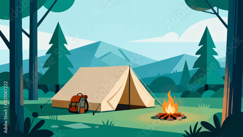 This vibrant illustration depicts a cozy camping scene in a lush forest: a tent, a picnic table with chairs, and a campfire set on a green meadow under a bright blue sky.