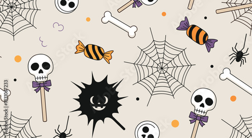 Fun and spooky seamless Halloween pattern with skull lollipops candy spiderwebs bones and friendly black spiders on a beige background.
