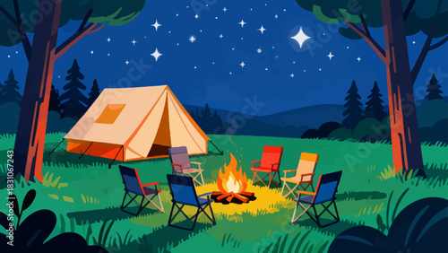 This vibrant illustration depicts a cozy camping scene in a lush forest: a tent, a picnic table with chairs, and a campfire set on a green meadow under a bright blue sky.