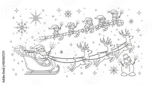 Enchanting Holiday Journey: A whimsical illustration depicts Santa Claus guiding his sleigh, pulled by reindeer and aided by playful elves, through a sparkling winter wonderland.