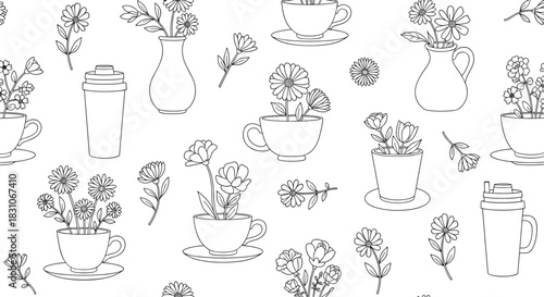 Seamless black and white coloring page pattern with various flowers in vases mugs and cups for a relaxing and creative activity.