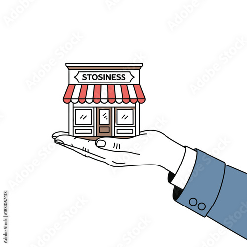 A hand holds a small business building with a striped awning and the word 'stosiness' on the sign.