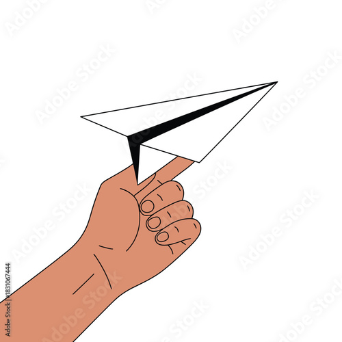 A hand balances a paper airplane on a finger against a white background.