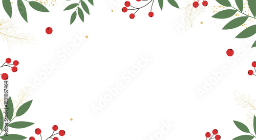Elegant Christmas or winter holiday background frame with green leaves red berries and golden accents on a clean white backdrop.