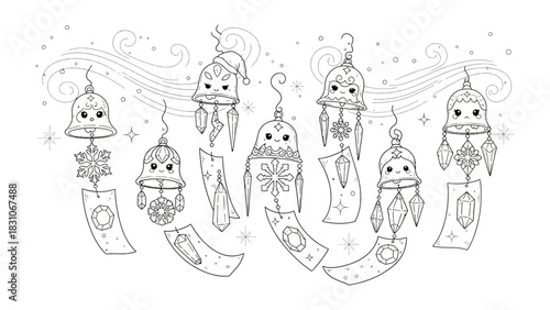 Whimsical Wind Chimes Illustration: A delightful illustration of charming wind chimes, each adorned with unique decorations, swaying gently in the breeze.