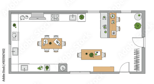 Detailed top-down architectural floor plan of a modern open-concept kitchen and dining room with furniture and appliance layout.