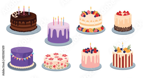 A delicious collection of eight different birthday cakes with candles frosting fruits and decorations for any party or celebration.