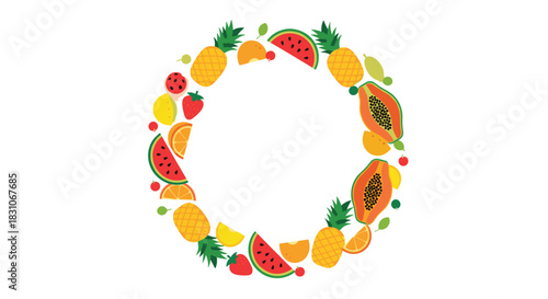 Colorful circular summer fruit wreath or frame made of fresh tropical fruits like pineapple watermelon papaya and strawberries.