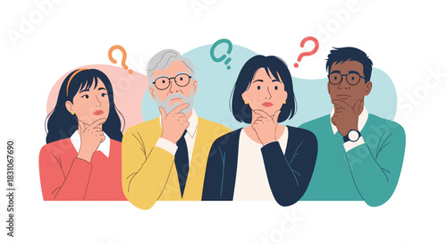 Group of diverse and pensive people of different ages and ethnicities thinking with their hands on their chins and question marks.