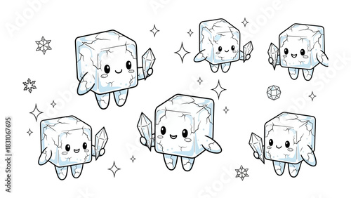 Cute Cubes: Whimsical illustrations bring to life a charming ensemble of friendly, cube-shaped characters, each adorned with crystalline accessories and exuding an atmosphere of playful delight. 