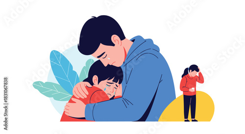 Compassionate father comforting his crying daughter with a hug while another sad woman stands in the background with a headache.