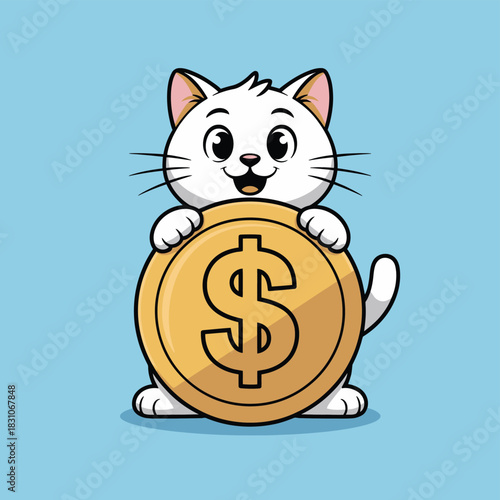 A cute cartoon cat holds a large gold coin with a dollar sign.