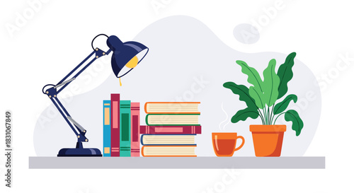 Cozy reading or study nook with a stack of colorful books an adjustable desk lamp a hot cup of coffee and a green houseplant.