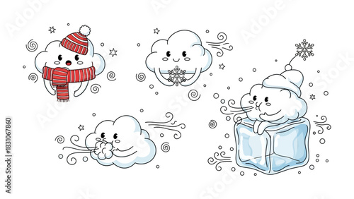 Whimsical Winter Wonders: A set of charming cartoon cloud illustrations depicting various winter scenes, evoking the magic of the season.