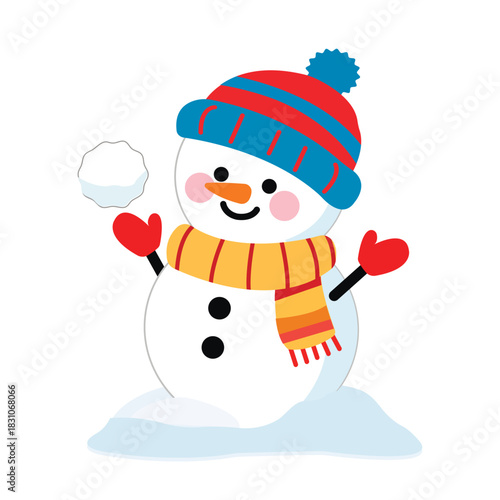 A cute snowman in a snowdrift with a snowball