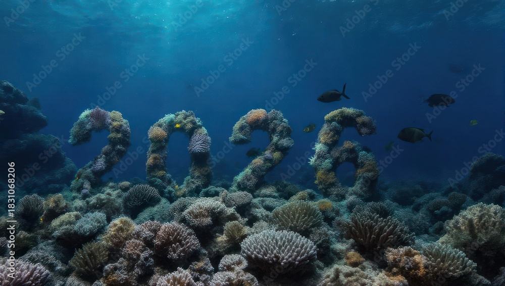 Fototapeta premium Underwater coral reef art installation spelling out 2026 in vibrant colors.