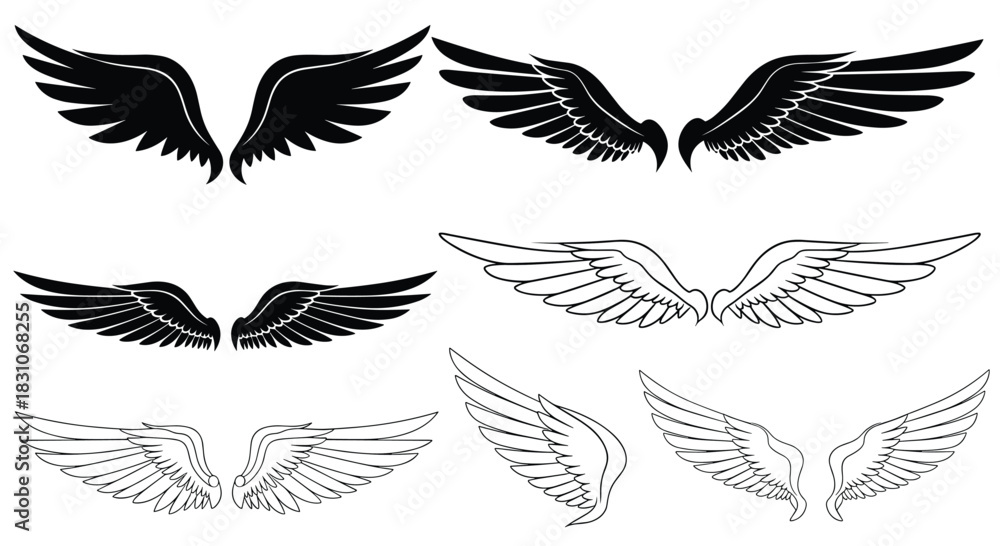 Fototapeta premium A large set of six different pairs of angel or bird wings in various styles including black silhouettes and detailed line art.